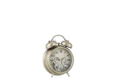 Clock Alarm Roman Numerals Gears Metal Silver Small
