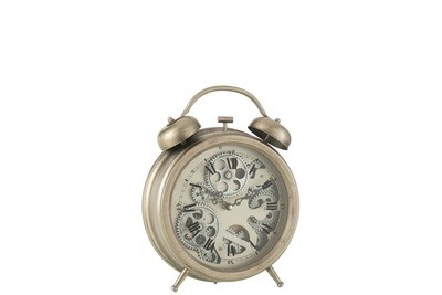 Clock Alarm Roman Numerals Gears Metal Silver Medium