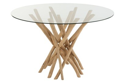 Dining Table Branches Round Teak Wood Natural/Glass