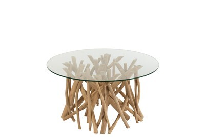 Coffee Table Branches Teak Wood Natural/Glass