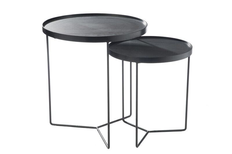 Set Of 2 Side Table Round Wood Metal Dark Brown