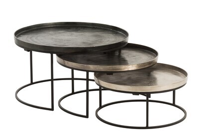 Set Of 3 Side Tables Round Aluminium Black/Mix