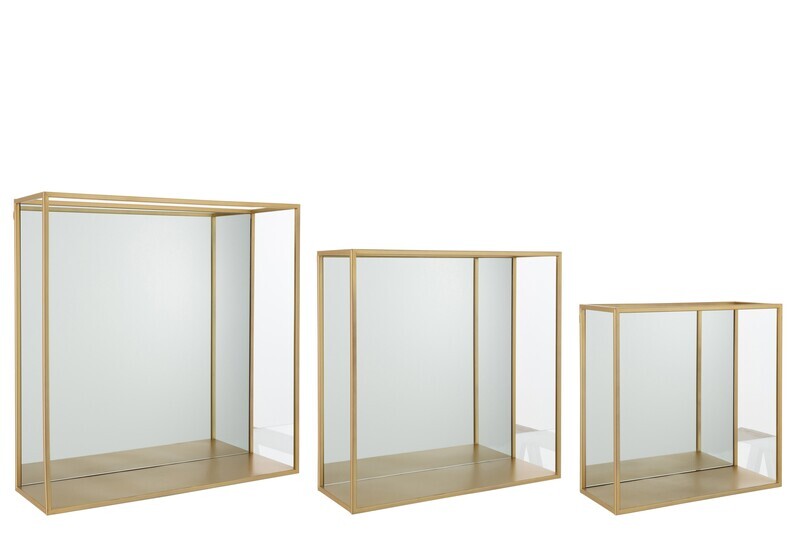 Set Of 3 Wall Rack Mirror Square Metal/Glass Gold