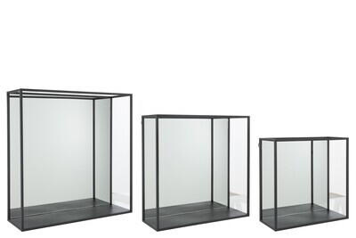 Set Of 3 Wall Rack Mirror Square Metal/Glass Black