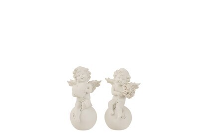 Angel On Ball Heart/Bouquet Poly White Small Assortment Of 2