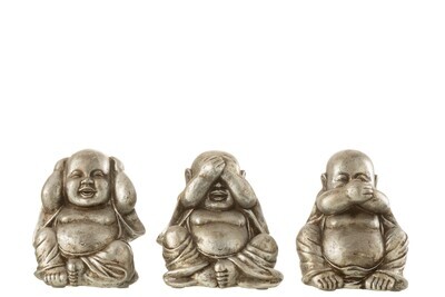 Buddah Sitting 3Pieces See/Hear/Speak Poly Silver Assortment Of 3