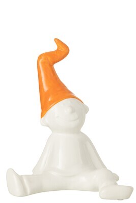 Gnome Sitting Faience White/Orange Large