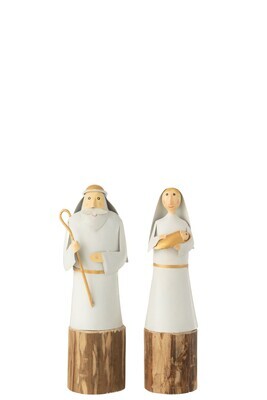 Mary And Joseph On Stand Iron/Wood White/Gold Assortment Of 2