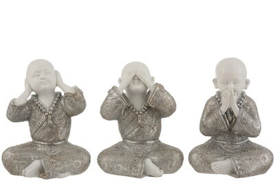 Monk See/Hear/Speak No Evil Poly Silver/White Large Assortment Of 3