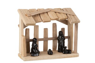 Nativity Scene Flat Roof Wood/Ceramic Natural/Black