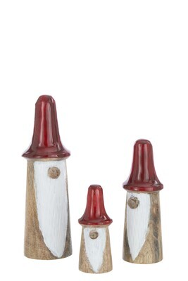 Set Of 3 Gnomes Mushrooms Wood Natural/Red