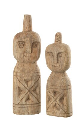 Set Of 2 Objects African Carved Figure Wood Natural
