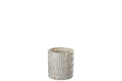 Candle Holder Mosaic Round Glass/Cement Nacre/Grey Medium