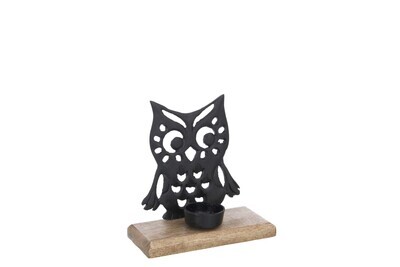Candle Holder Owl Aluminium/Wood Black Small
