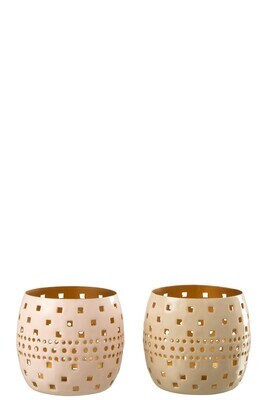 Candle Holder Perforated Metal Light Pink/Beige Assortment Of 2