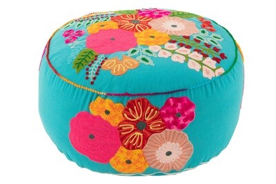 Pouf Round Flowers Embroidery Cotton/Polyester Blue