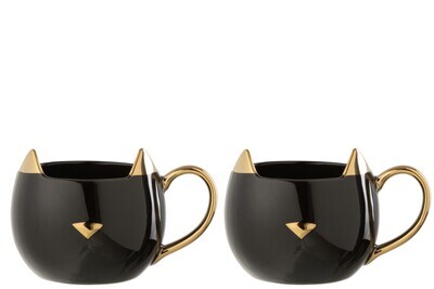 Box Of 2 Mug Cat Porcelain Black/Gold