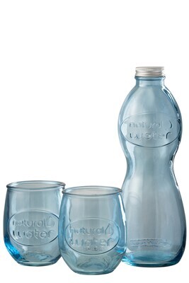 Box Bottle + 2 Glasses Natural Water Glass Light Blue
