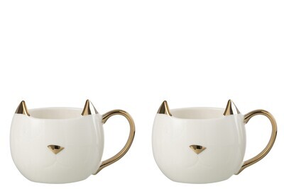Box Of 2 Mug Cat Porcelain White/Gold