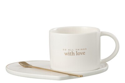 Mug + Dish + Spoon Heart Porcelain English White