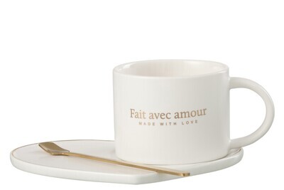 Mug + Dish + Spoon Heart Porcelain French White