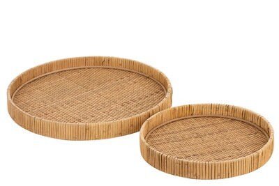 Set Of 2 Trays Round Rattan Natural