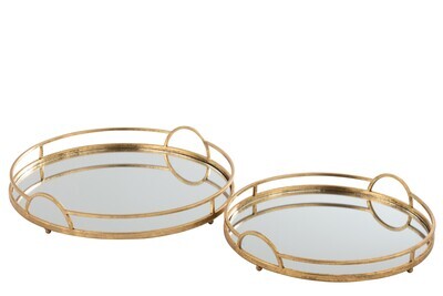 Set Of 2 Tray Round Mirror Iron Gold