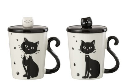 Mug Print Cat + Lid + Spoon Porcelain White / Black Assortment Of 2