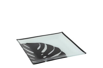 Plate Leaf Square Glass Black/White Small