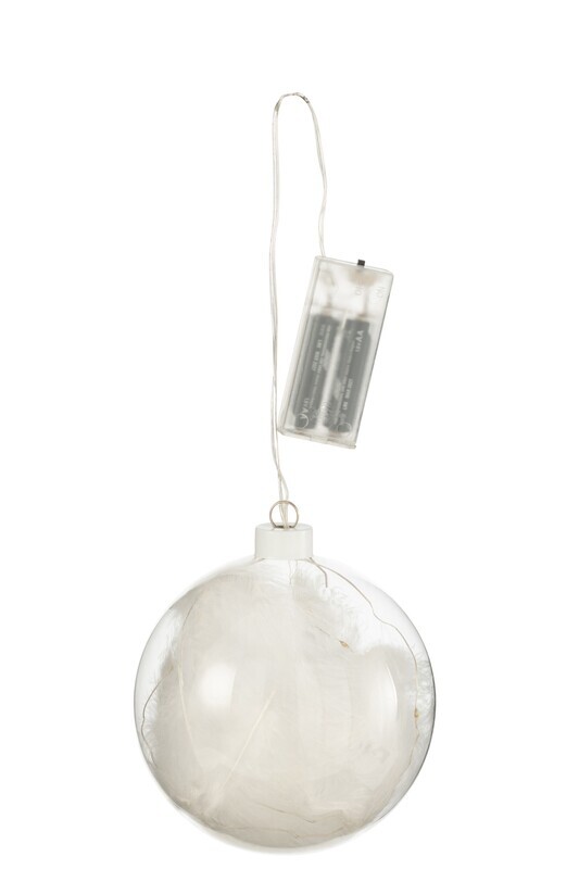 Ball Deco Feathers+Led Glass White Small