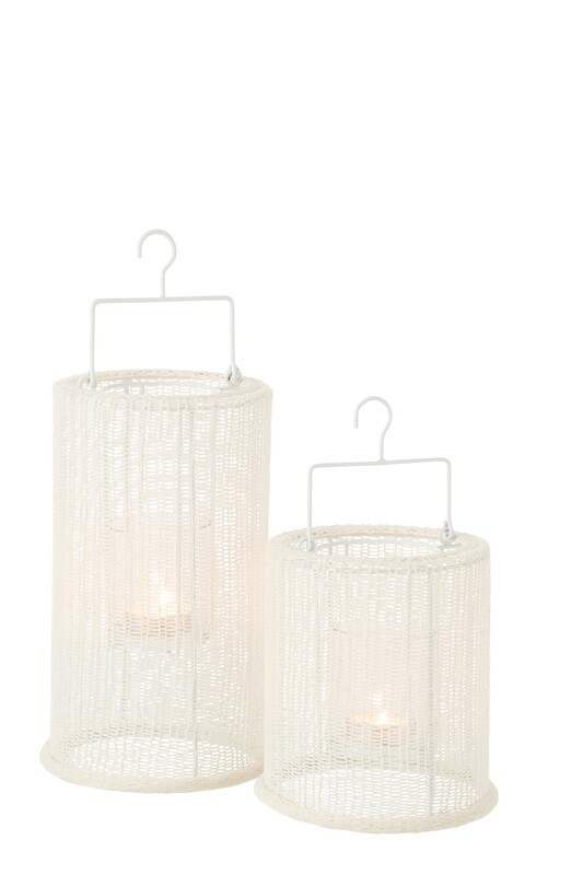 Lantern Hanging Cylinder Metal/Polyester White Large