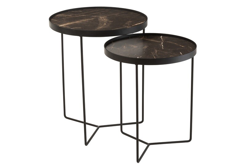 Set Of 2 Sidetables Marble Print Round Mdf/Metal Dark Brown