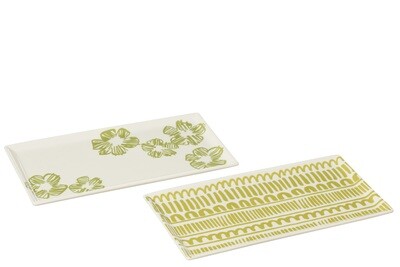 Plate Flower/Strip Rectangle Ceramic Green Assortment Of 2