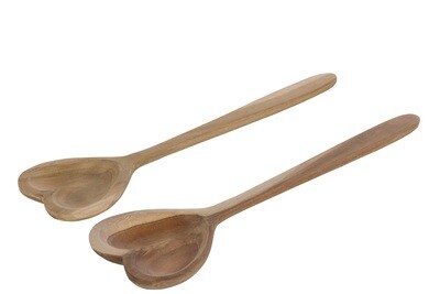 Set Of 2 Spoons Heart Teak Wood Natural