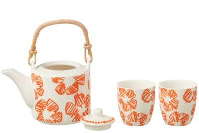 Set Of 3 Tea Pot Set Flower In Windowbox Ceramic Orange