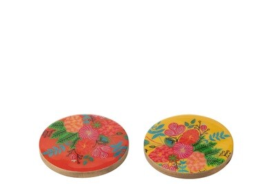 Set Of 4 Coaster Flower Mango Wood Yellow/Pink Assortment Of 2