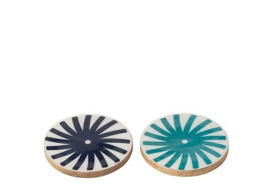 Set Of 4 Coaster Rays Mango Wood Blue/White Assortment Of 2