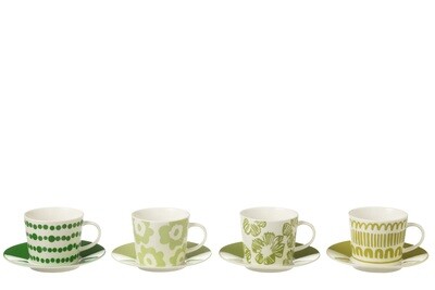 Set Of 4 Tea Cup+Saucer In Windowbox Ceramic Green Large