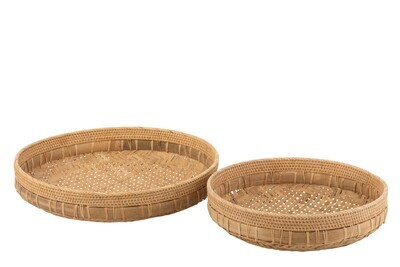 Set Of 2 Dishes Round Rattan Natural