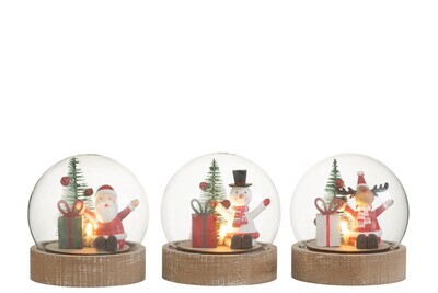 Bell Jar Santa/Reindeer/Snowman+Led Wood/Glass Mix Assortment Of 3