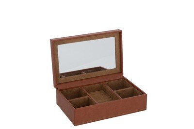 Jewelry Box 5 Compartiments+Mirror Fake Leather Cognac