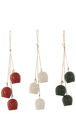 Hanger 3 Bels Heart Metal White/Red/Green Assortiment Of 3