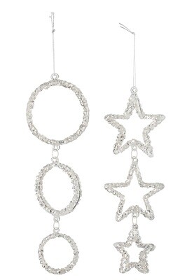 Hanger Circle/Star Glass Glitter Silver Assortment Of 2