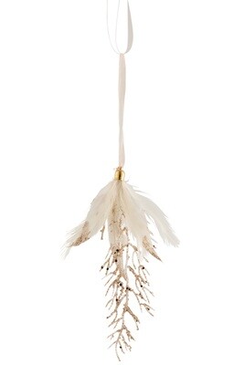 Hanger Feathers+Stone Glitter Ecru/Gold