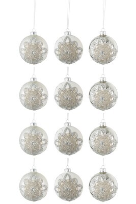 Box Of 12 Christmas Baubles 4+4+4 Ornament Pearls Glass Matte White/Matte Silver/Shining Silver Small