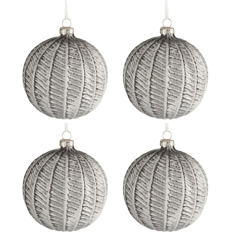 Box Of 4 Bauble Round Print Glass Green/Beige Large 10Cm