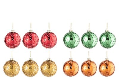 Box Of 12 Christmas Baubles 3+3+3+3 Pearls Glass Gold/Red/Orange/Green Small