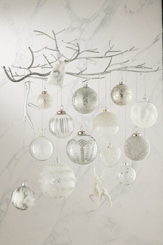 Box Of 12 Christmas Baubles 4+4+4 Sugar Glass Matte Grey/Matte White/Shining Silver Small