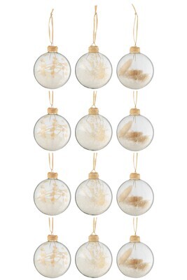 Box Of 12 Christmas Baubles 4+4+4 Dried Branches Beige Glass Transparent