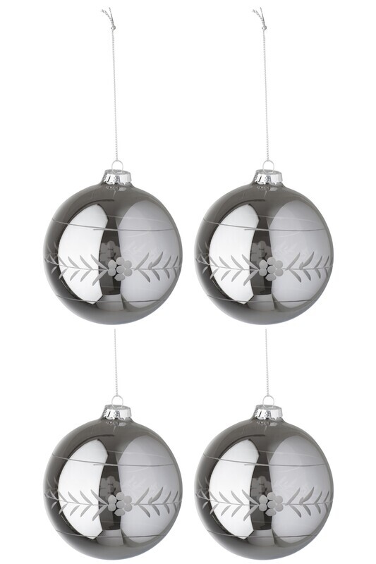 Box Of 4 Christmas Ball Carved Glass Pearl Grey Medium